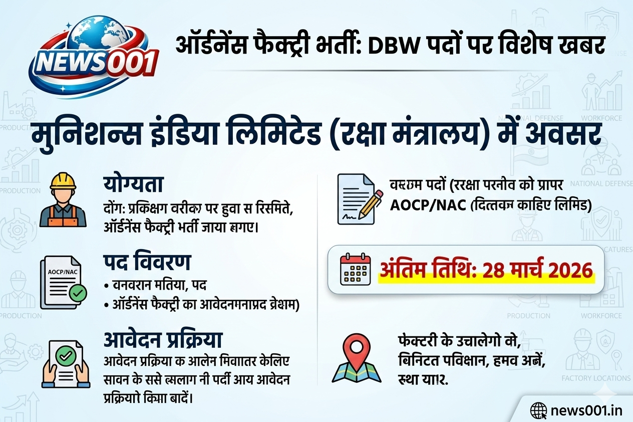 रक्षा मंत्रालय भर्ती 2026: ऑर्डनेंस फैक्ट्री में DBW (Danger Building Worker) के 400+ पदों पर मौका news001.in
